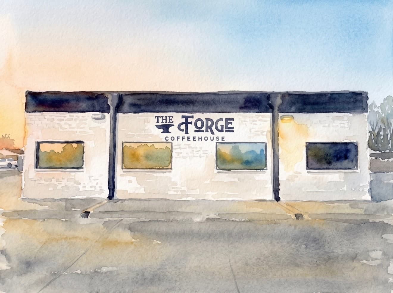 Watercolor illustration of The Forge Coffeehouse storefront